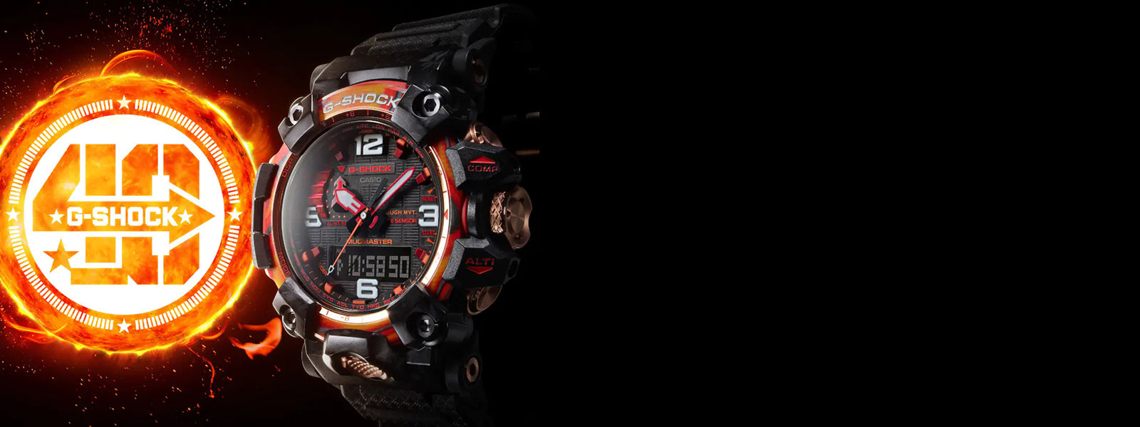 <span style="color: #fff">G-SHOCK<br>MUDMASTER<br>40th Anniversary<br>Flare Red