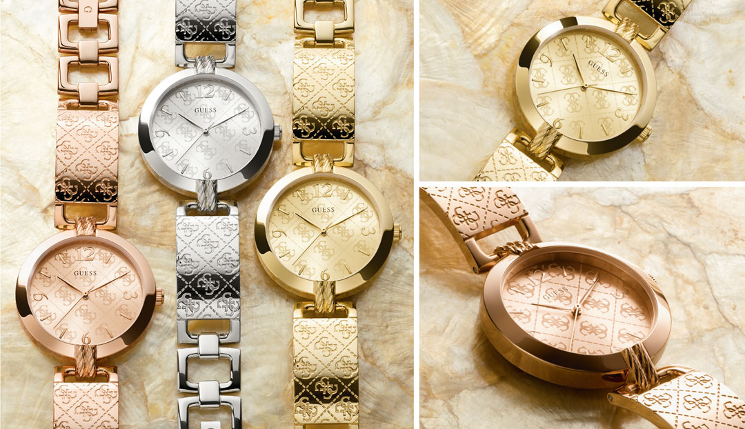 Tri Guess G-Luxe ženska ručna sata u boji srebra,ružičastog zlata i žutog zlata