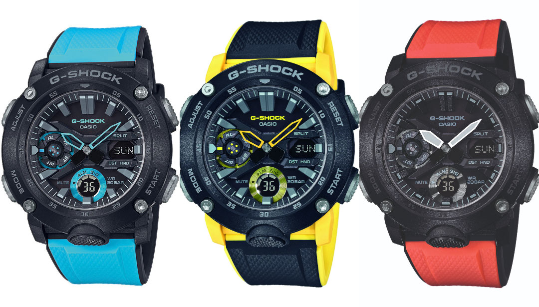 G-Shock GA2000 kolekcija ručnih satova sa plavom, žutom i crvenom narukvicom