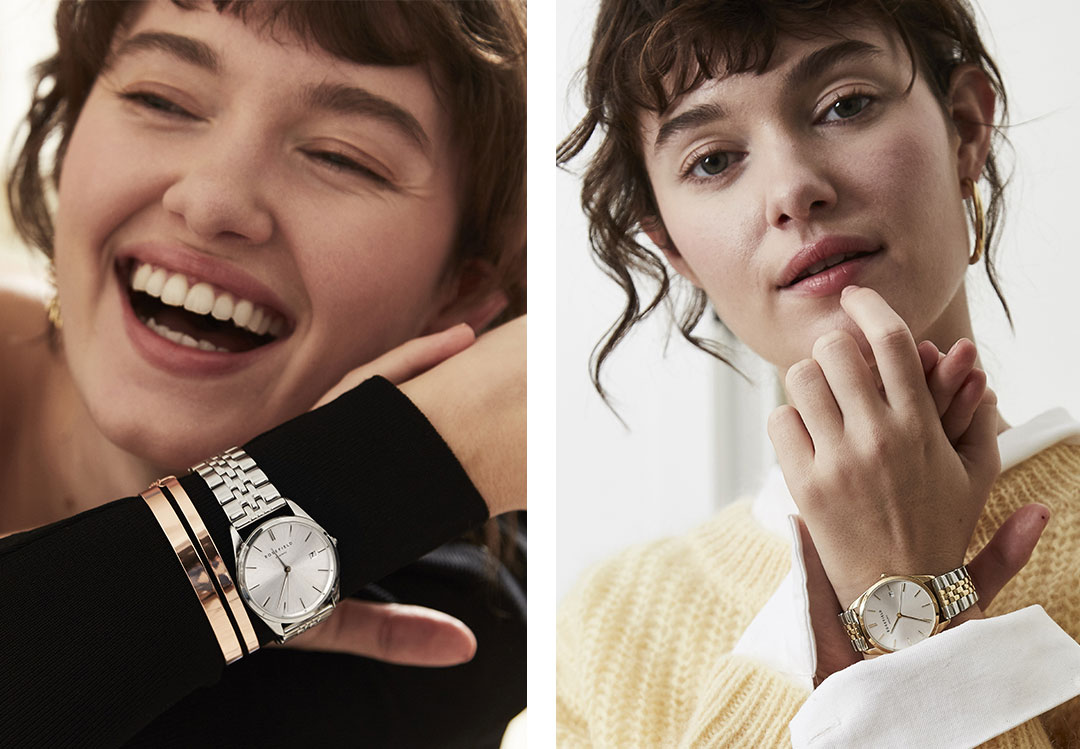 Dve fotografije na kojima devojka nosi Rosefield The Small Edit ženski ručni sat 