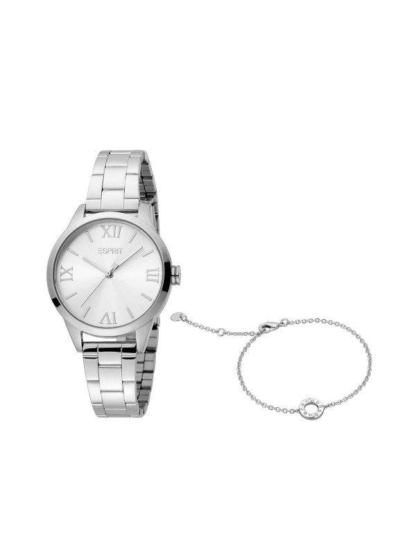 Esprit box set: ženski sat od nerđajućeg čelika u boji srebra sa belim brojčanikom i narukvicom. Poručite već danas na S&L Jokić, dostava je besplatna.