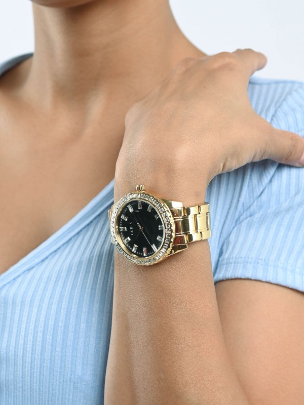 Sparkler trendy Guess ženski sat od nerđajućeg čelika u boji žutog zlata, brojčanik u boji Crni Sunray iz kolekcije Fall 2020│Jewelry & Watches S&L Jokić