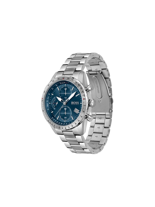 Poručite Boss Pilot Edition muški sat za prave avanturiste. Napravljen je od nerđajućeg čelika u boji srebra sa plavim Sunray brojčanikom.