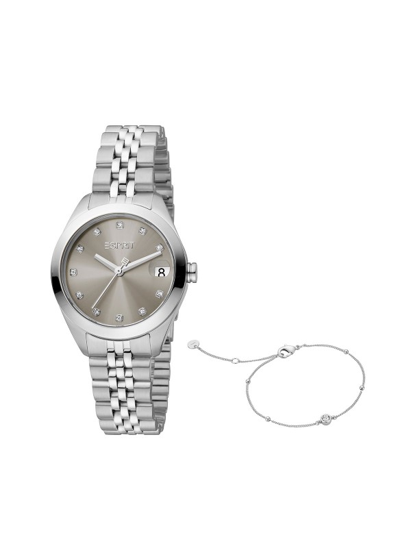ESPRIT BOX SET - ženski ručni sat u boji srebra (sa sivim brojčanikom ukrašenim cirkonima) i narukvicu u boji srebra, lako poručite u S&L Jokić online shop-u.
