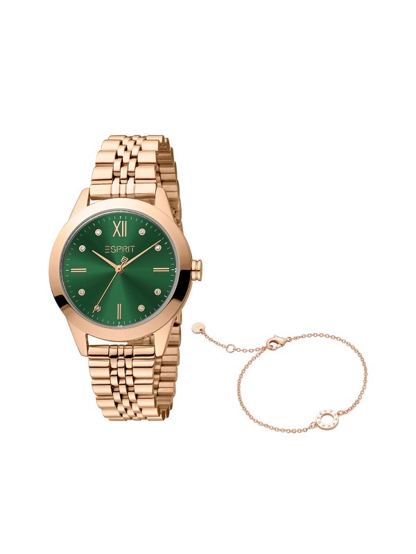 ESPRIT BOX SET - ženski ručni sat u boji ružičastog zlata i čvrstu čeličnu narukvicu u istoj boji, lako odaberite i poručite u S&L Jokić online prodavnici.