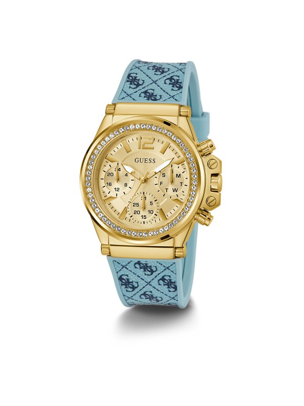 Elegantan Guess Charisma ženski sat, zlatne boje sa šampanj brojčanikom i plavom narukvicom, vodootporan do 30m.