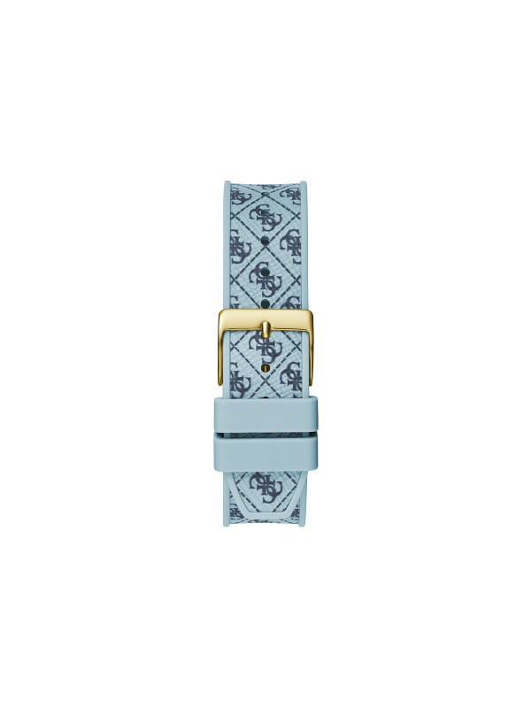 Elegantan Guess Charisma ženski sat, zlatne boje sa šampanj brojčanikom i plavom narukvicom, vodootporan do 30m.