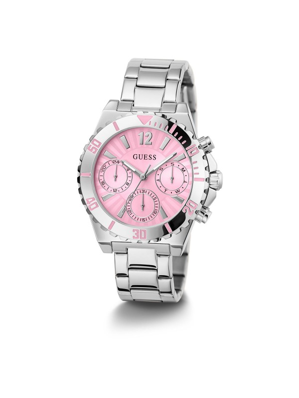 Elegantan Guess ženski sat "Phoebe" GW0696L1, srebrni multi-function sa roze brojčanikom, vodootporan do 30m. Idealno za svaki stil!