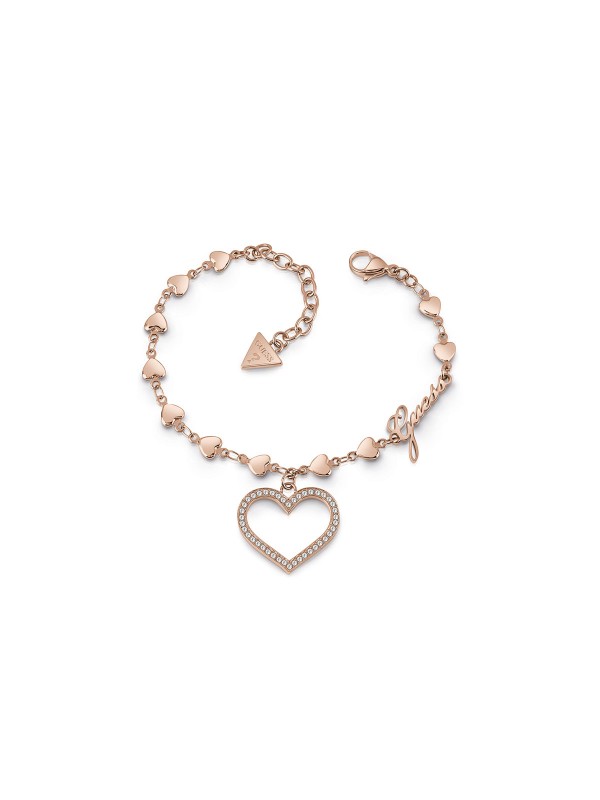 Guess narukvica od nerđajućeg čelika u boji ružičastog zlata sa motivom: srce i priveskom: srce sa Swarovski kristalima. Poručite na S&L Jokić.