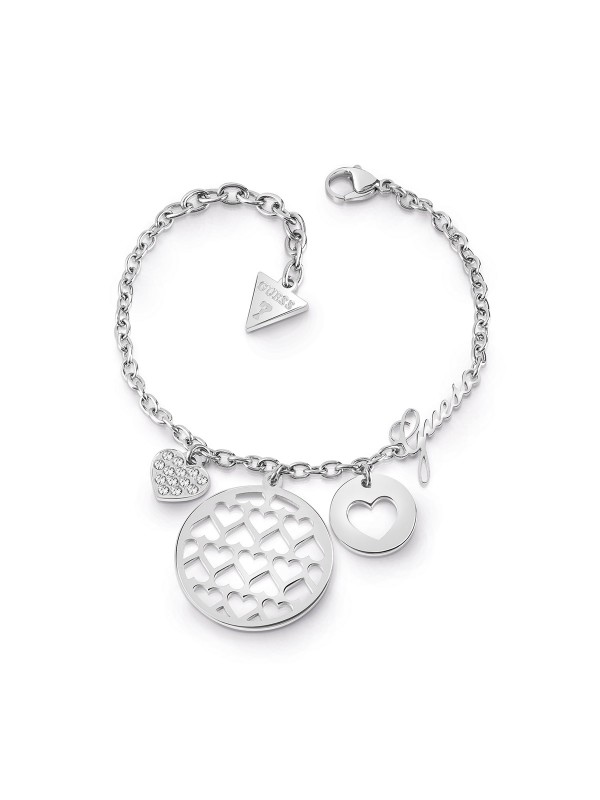 Narukvica od čelika u boji srebra sa tri priveska sa motivima srca, logom Guess i Swarovski® kristalima