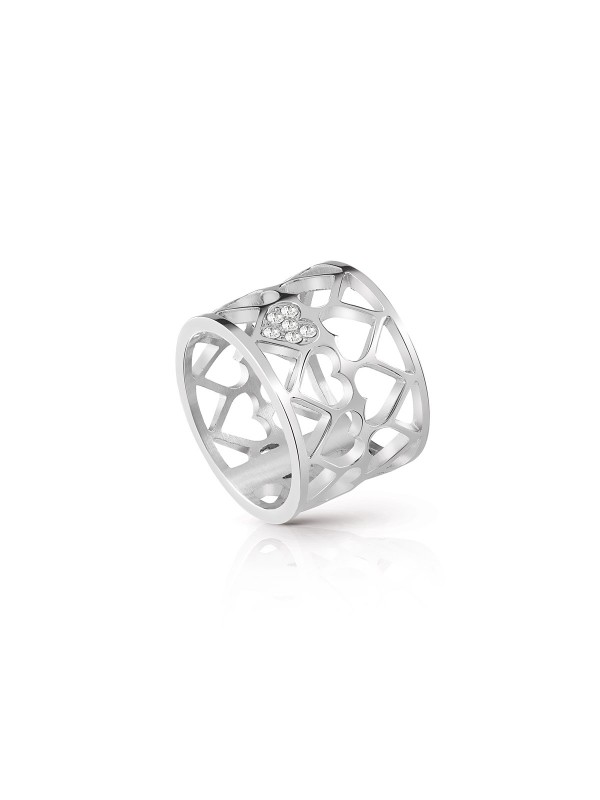Široki prsten od čelika u boji srebra sa motivom unakrsnih srca i Swarovski® kristalima