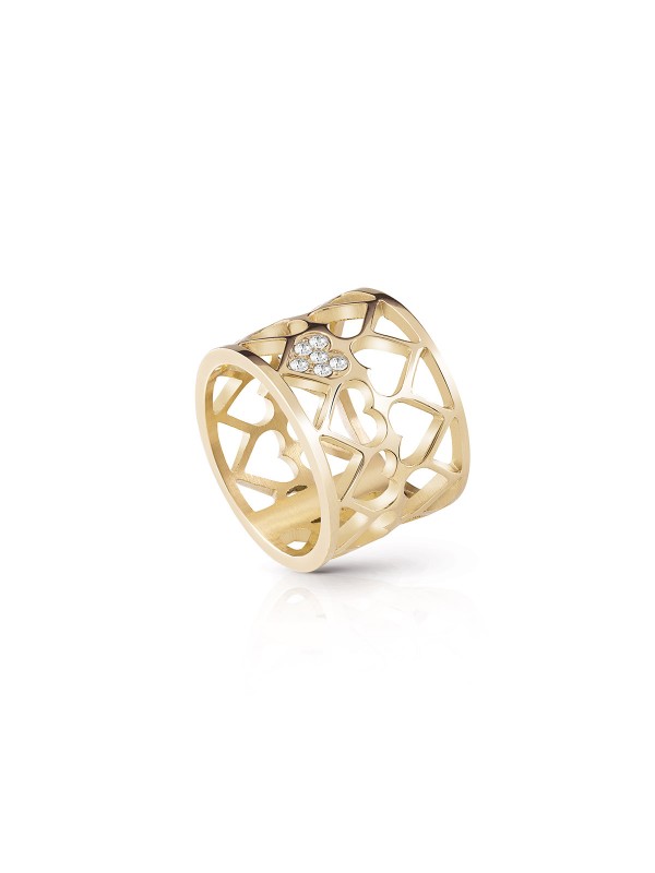 Široki prsten od čelika u boji ružičastog zlata sa motivom unakrsnih srca i Swarovski® kristalima