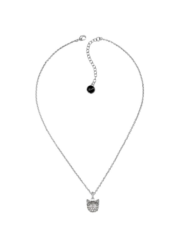 Ogrlica platinirana rodijumom  sa priveskom u obliku mačke Choupette  optočena  Swarovski® kristalima 

· podesiva dužina