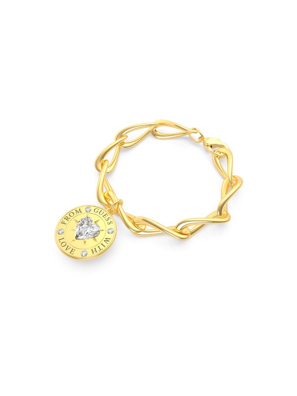 FROM GUESS WITH LOVE ženska narukvica boje žutog zlata, od nerđajućeg čelika sa krupnim lancem i visećim priveskom u obliku kruga, i Swarovski kristalima.