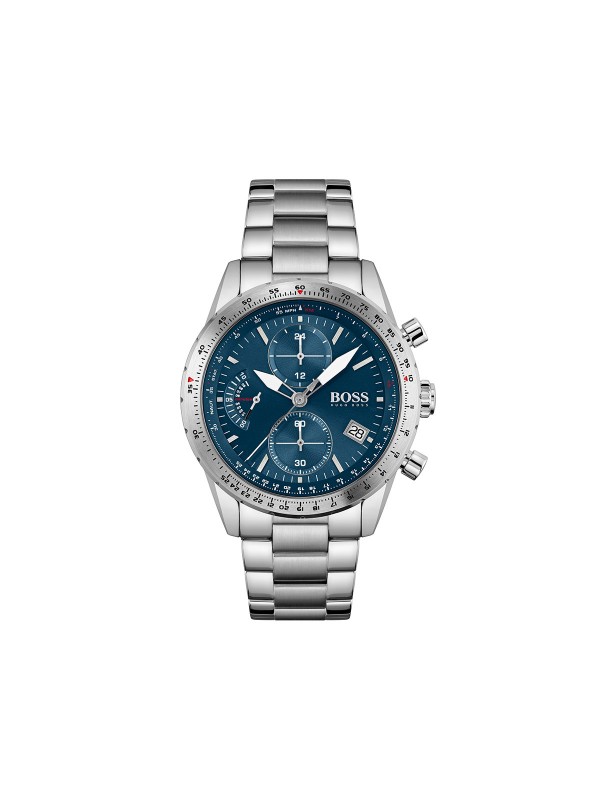 Poručite Boss Pilot Edition muški sat za prave avanturiste. Napravljen je od nerđajućeg čelika u boji srebra sa plavim Sunray brojčanikom.
