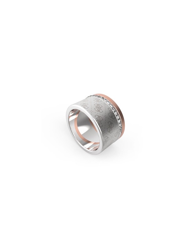 Guess Round Harmony prsten od nerđajućeg čelika u boji srebra sa cirkonima, 4G logotipom i trakom u boji ružičastog zlata. Širina: 12mm. Poruči online.
