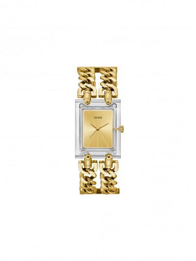 Otkrijte GUESS "MOD HEAVY METAL" ženski sat u zlatnoj boji s providnim kućištem, šampanj brojčanikom i elegantnom narukvicom.